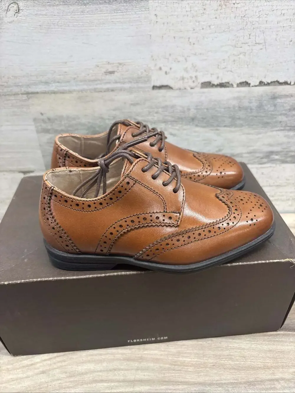 Florsheim Kids' Reveal Wing Jr Leather Shoes 10.5 M Cognac NEW